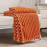 DISSA Fleece Blanket Throw Size – 51x63, Orange – Soft, Plush, Fluffy, Fuzzy, Warm, Cozy – Perfect Throw for Couch, Bed, Sofa - with Pompom Fringe - Flannel Blanket Throw Blanket