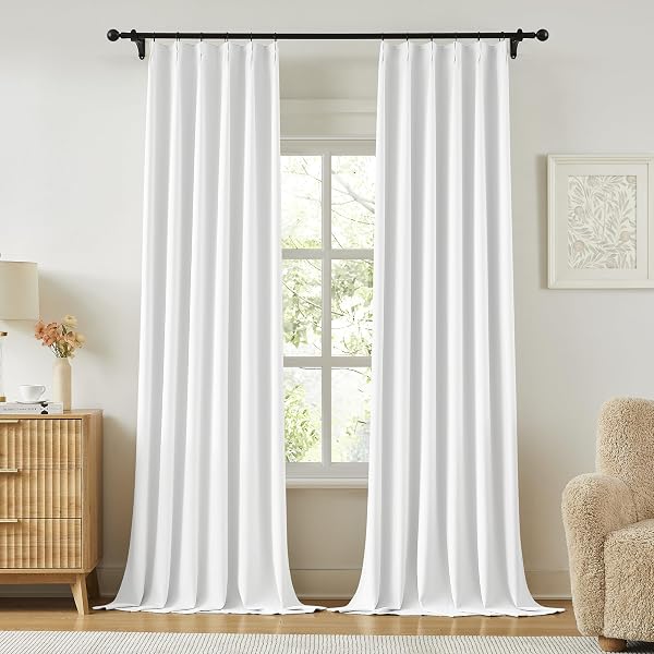 KANGBANG WHITE PINCH PLEAT CURTAINS 96 INCHES LONG FOR LIVING ROOM, LIGHT BLOCKING THERMAL SOLID PLEATED CURTAIN PANELS WITH HOOKS FOR BABY’S CRIB DORM, SOFT & VERTICAL HOME DECOR, W40XL96,2 PCS