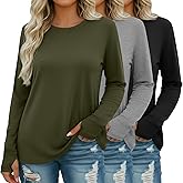 Evervibe 3 Pack Women's Cotton Plus Size Tunic Tops Thumb Hole Crew Neck Long Sleeve Shirts Casual Loose Y2k Trendy Outfits