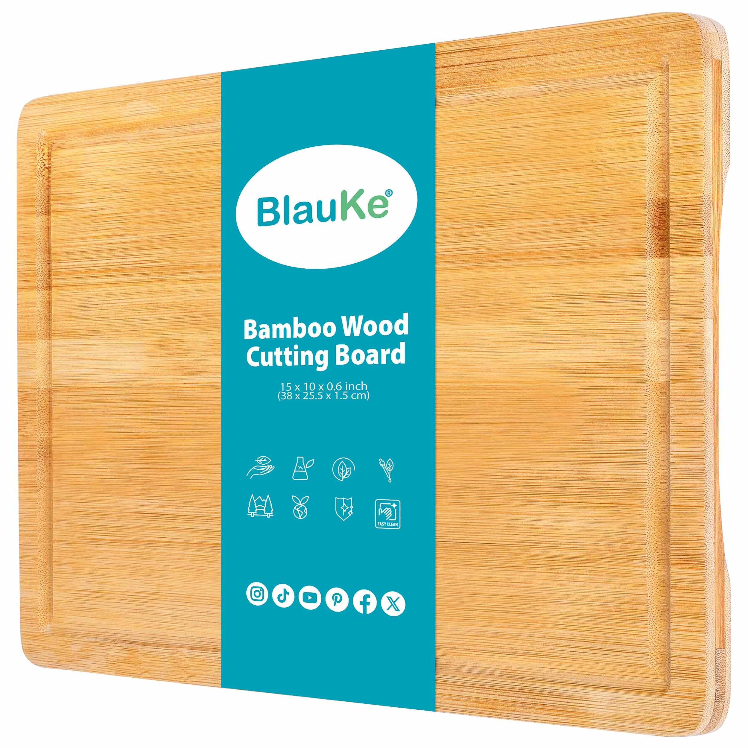 Wood Cutting Board for Kitchen – 38x25cm Large Bamboo Cutting Board with Juice Groove and Handles – Wooden Chopping Board, Serving Tray – BlauKe®