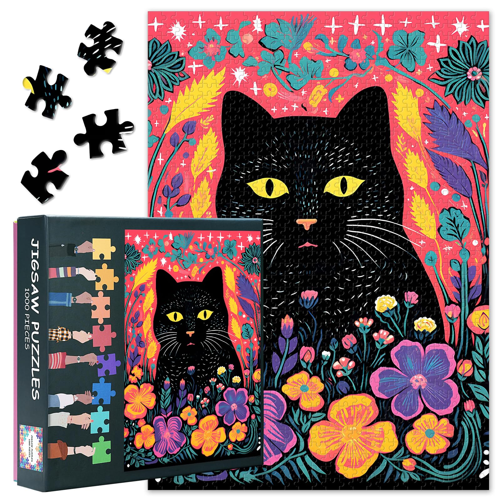 Jigsaw Puzzle - Black Cat Art, Puzzles for Adults 1000 Piece (Animals Series), Blooming Flowers Challenging Jigsaw Puzzles for Adults 1000, Educational Games Home Decoration (27.5"x19.7") — image 1