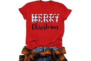 LHBNK Merry Christmas T-Shirts for Women Buffalo Plaid Print Christmas Shirts Tops Holiday Letter Print Tee Tops