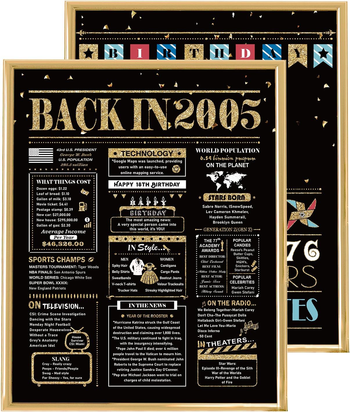 Posters & Prints - 18th Birthday Posters, 2 Pieces 18th Birthday Decorations for Girls and Boys, 18th Birthday Gifts for Daughter and Son, Back in 2005 Birthday Poster (Unframed), 8x10 Inch, Black and Gold