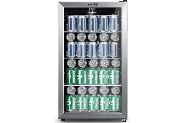COMFEE' CRV115TAST Cooler, 115 Cans Beverage Refrigerator, Adjustable Thermostat, Glass Door With Stainless Steel Frame, Reversible Hinge Door And Legs For Home, Apartment