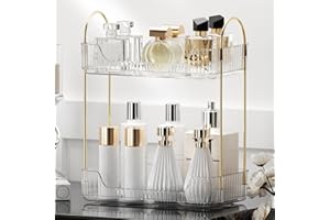 YCIA&DONE Bathroom Organizer Countertop, Makeup Storage, Skincare Cosmetic Tray Shelf, Perfume Holder Rack for Vanity Counter, Large Capacity, Easy to Install, Clean, 2 Tiers, Clear White