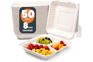 hooray mida To Go Containers Disposable - 50 Pcs 8" x 8" clamshell Take Out Food Containers 100% Compostable, White Biodegradable Meal Prep Box, To Go Containers with Lids for Food (3-Compartment)