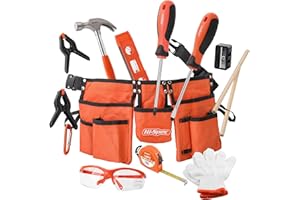 Hi-Spec 16pc Orange Kids Tool Kit Set & Child Size Tool Belt. Real Kit for DIY Building, Woodwork & Construction Learning for Kids