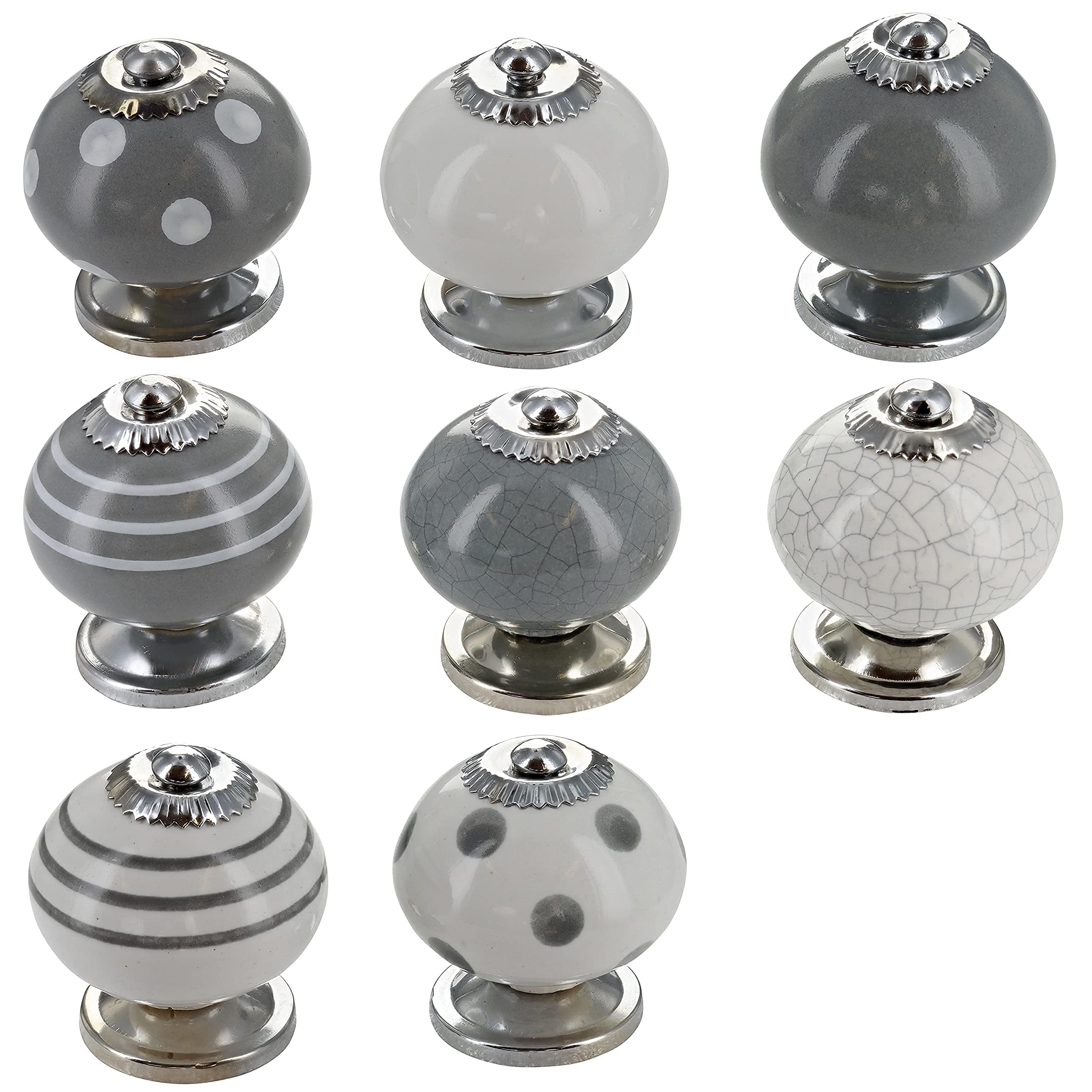 G Decor Dark Grey and White Handmade Assorted Designs Ceramic Door Knobs, Vintage, Shabby Chic, Interior Furniture, Cabinet Cupboard Drawers Pulls Handles (8-Pack)