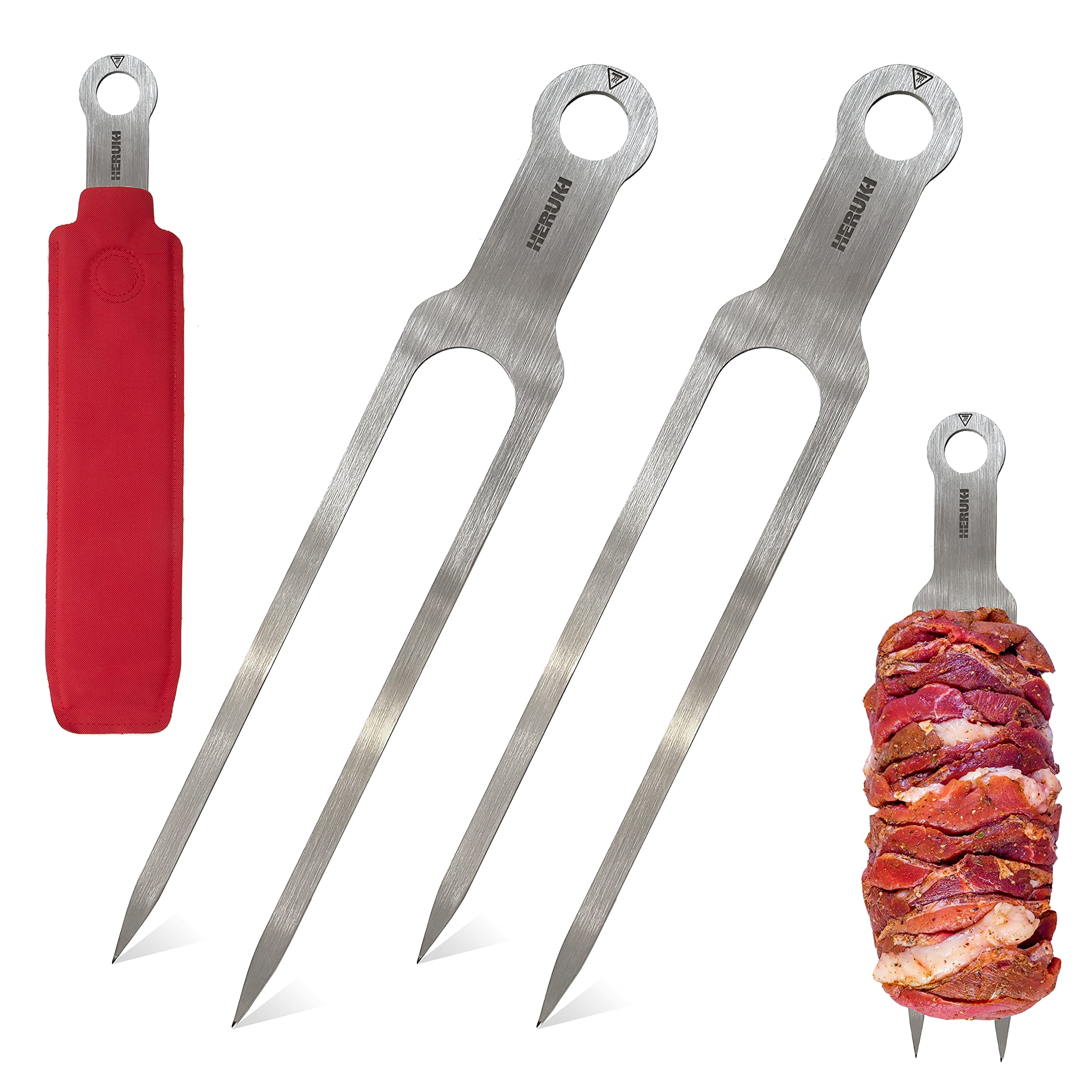 HERUKI Double Skewers 14.4" Stainless Steel Heavy Duty Double Prong Skewers for BBQ Kabob Shawarma Meat Fish Chicken Reusable BBQ Accessories for Grill Master Arsenal - 2 Units