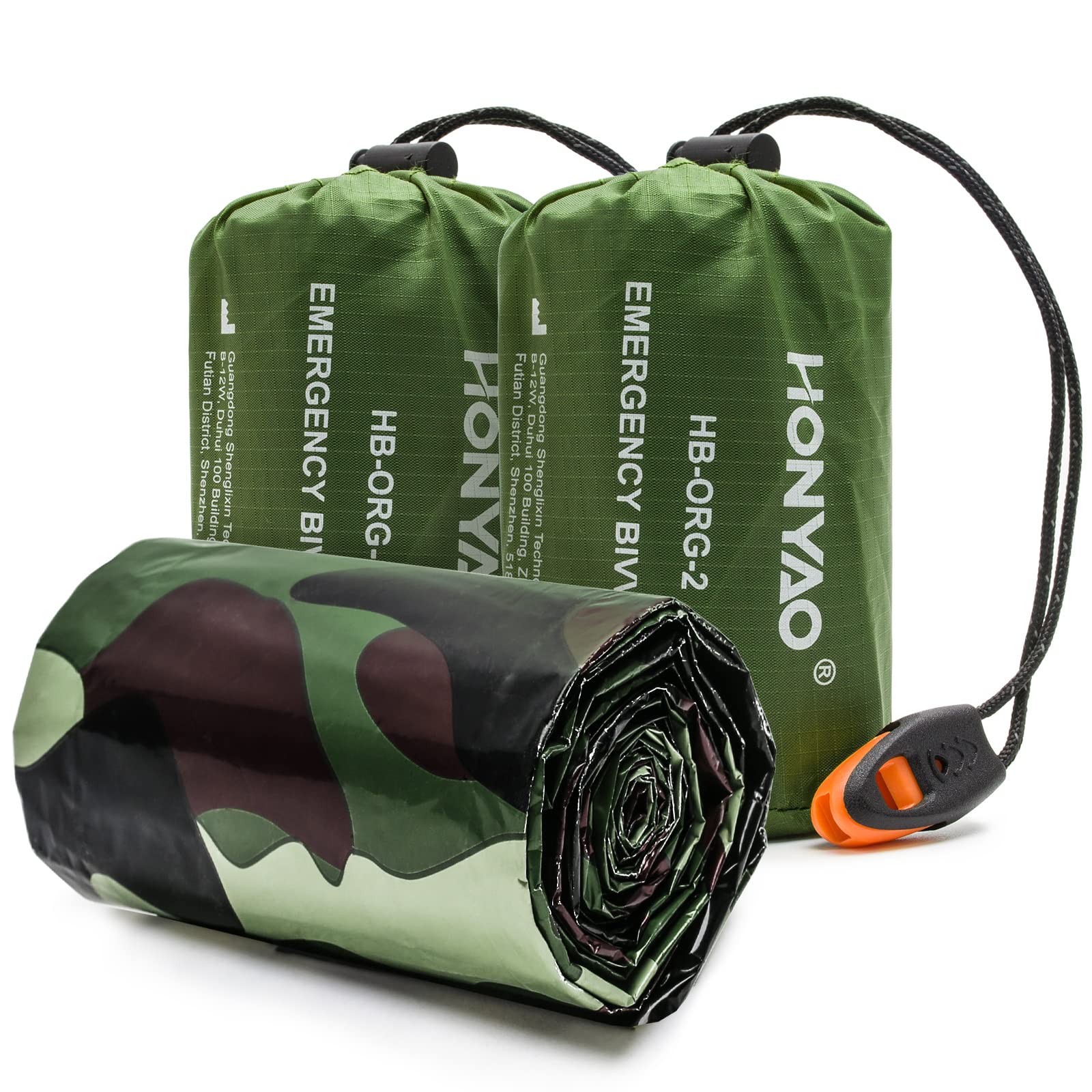 HONYAO Emergency Bivvy Bag, Survival Sleeping Bivy Bags, Rescue Blanket Portable Waterproof Shelter with Survival Whistle, Reusable for Outdoor Camping, Hiking - 2 Pack