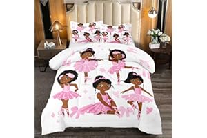 KOSSMJX African American Comforter Set 3Pcs for Kids Pink Black Cute Little Dancers Twin Bedding Set for Girls Queen Size Soft Lovely Ballet Girl Duvet Cover with 2 Pillowcases for All Season