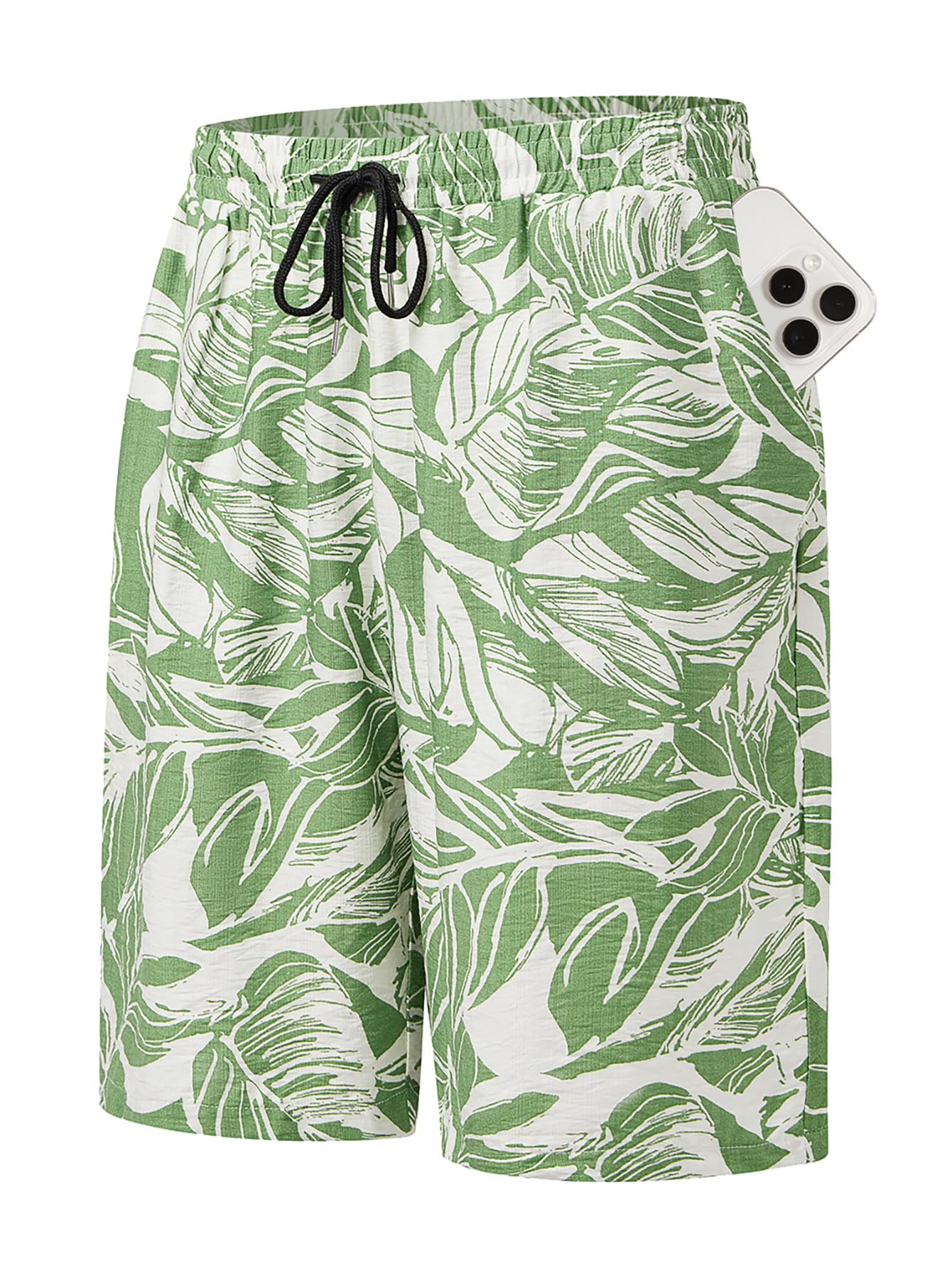 Hardaddy Men's Hawaiian Beach Shorts Lightweight Elastic Waist Lounge Pants for Travel & Sleep White-Green M