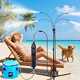 Standing Misters for Outside Patio, 5.3 FT Adjustable Height Misting System with Rechargeable Water Pump &amp; Portable Bucket, No Faucet Needed, Outdoor Cooling Mister for Patio, Backyard, Porch &amp; Lawn
