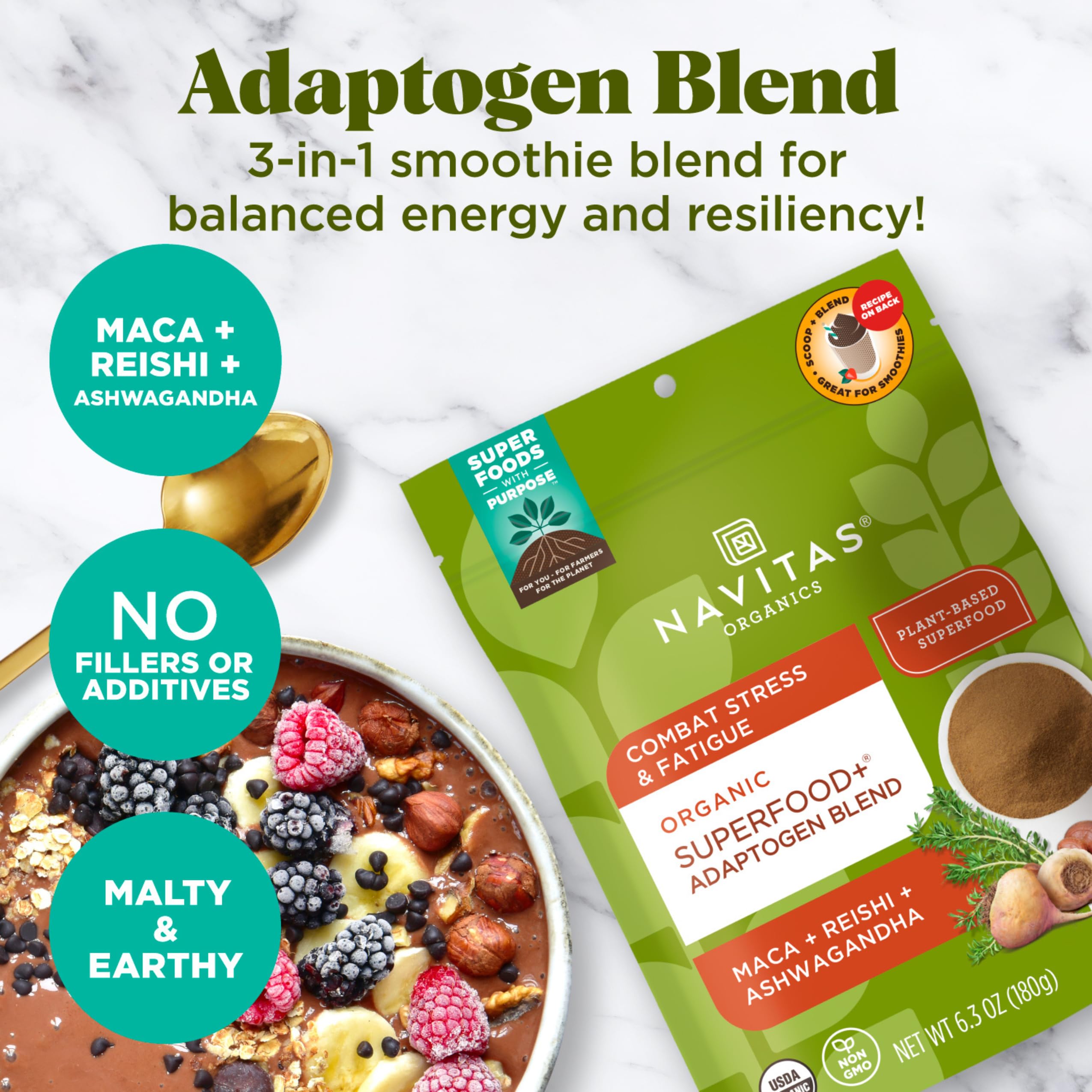 Navitas Organics Superfood+ Adaptogen Blend for Stress Support (Maca + Reishi + Ashwagandha), 6.3oz Bag, 30 Servings — Organic, Non-GMO, Vegan, Gluten-Free, Keto & Paleo.