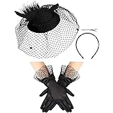 Geyoga 50s Fascinators Hat for Women 20s Feather Pillbox Hair Clip Funeral Tea Party First Communion Headpiece and Lace Glove