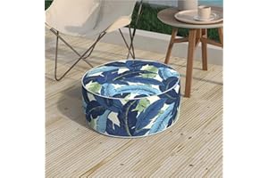 Melody Elephant Patio Inflatable Ottoman, 21x9 Inch Portable Stool Ottoman with Handle, Outdoor Round Footrest Stool for Garden Camping, Swaying Palms Blue