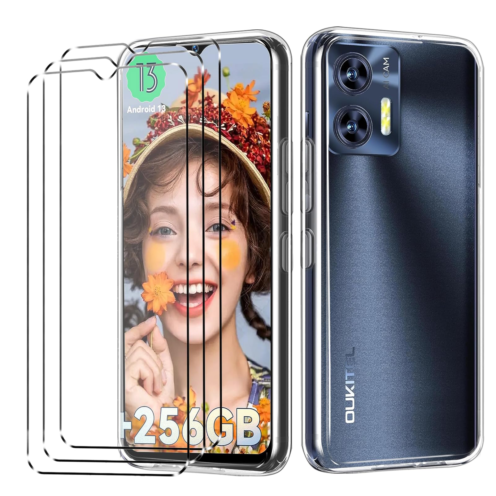 [4 in 1] Case Compatible with Oukitel C35/C36 Cover with 3 Pack Tempered Glass Screen Protector for Oukitel C35/C36, Slim Fit Soft TPU Shockproof Anti-Scratch Phone Case Cover - Clear