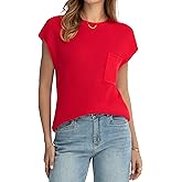 QUALFORT Women's 100% Cotton Short Sleeve Sweater Lightweight Ribbed Knit Office Layering Pullover Crewneck Work Casual Top
