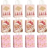 Heyiminy 12Pcs Pink Christmas Gift Bags, Christmas Goodie Gift Bags with Handles, Paper Xmas Tree Santa Claus Elk Candy Treat Bags for Xmas Holiday Baby Shower Party Favors Gift Wrapping Supplies