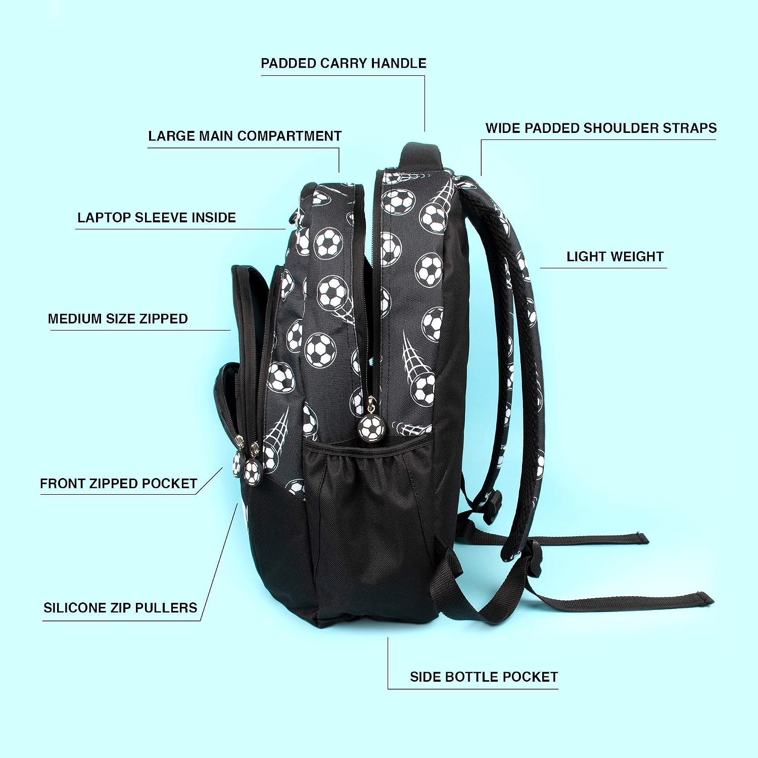 Fringoo - Large Kids Backpack For Boys and Girls, Football Black - Image 5