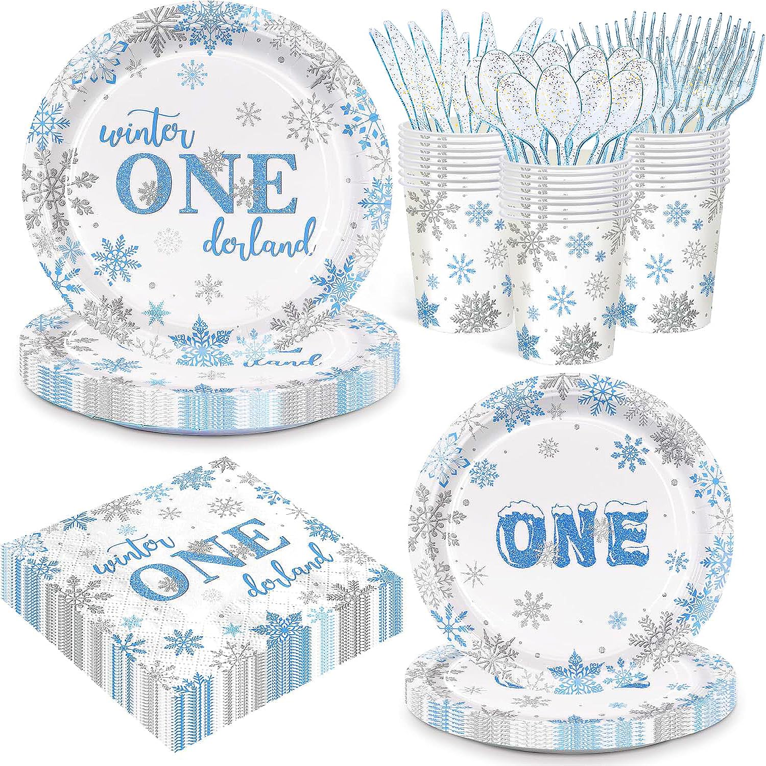 Photo 1 of 168pcs Winter Onederland Blue & Silver Snowflake Plates, Napkins, Disposable Tableware Set - Paper Cups - 1st Birthday Party Supplies for Boys - Serves 24