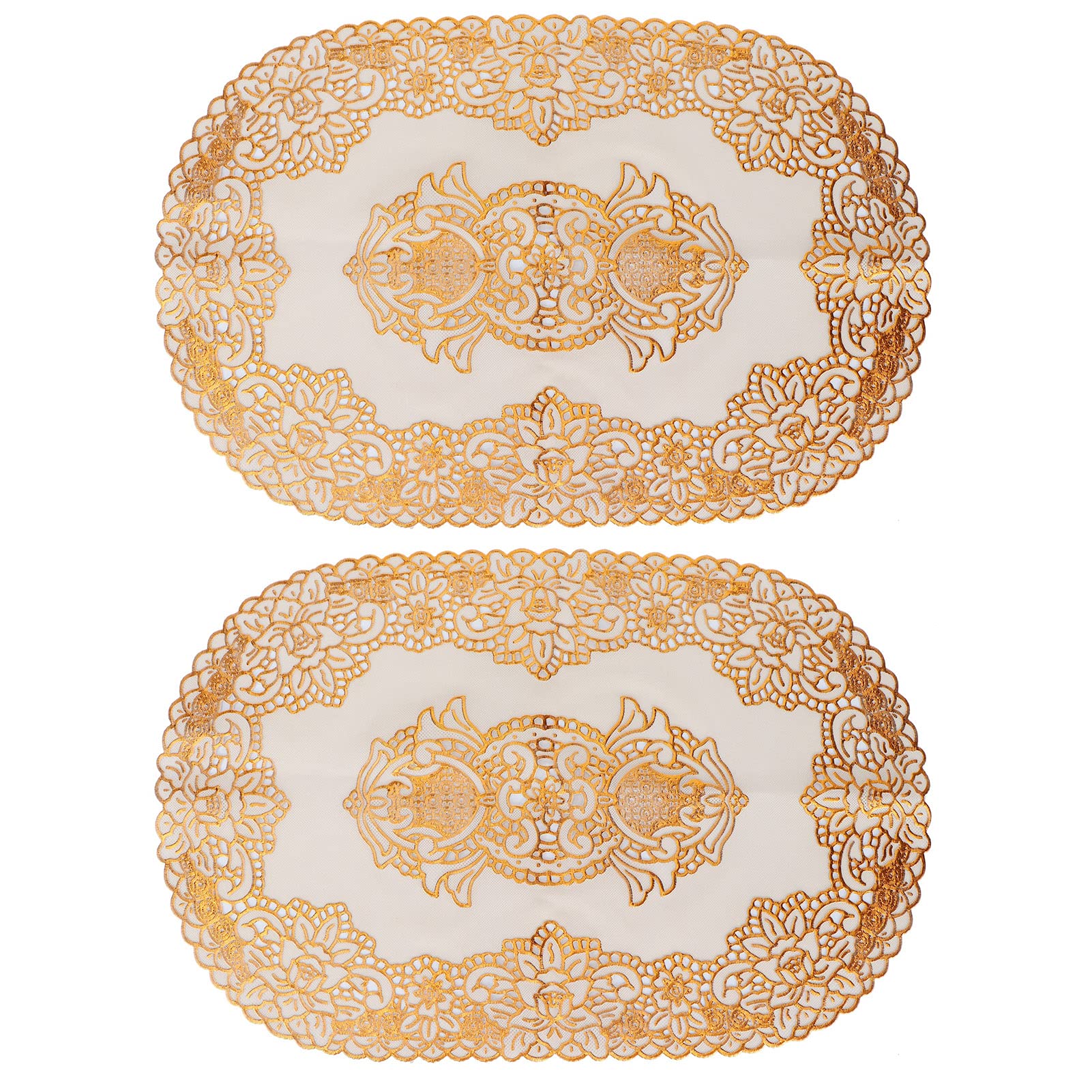 BORDSTRACT Oval Golden Placemats, 2Pcs Non-Slip Vintage Lace Table Mats Place Mats, Heat Resistant Dining Table Pads, for Home Kitchen Restaurant Decoration(Style 02)