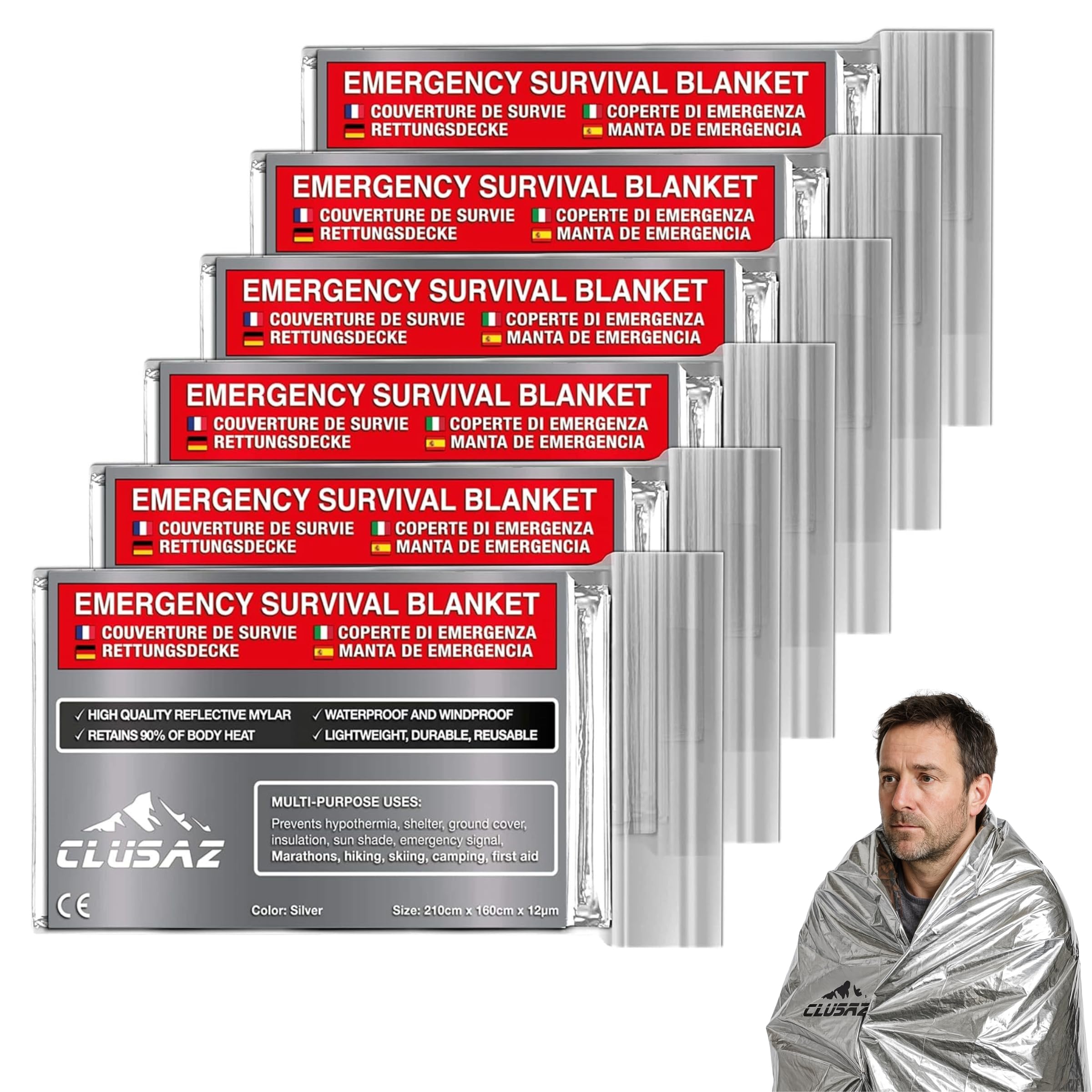 CLUSAZ 6 XL Emergency Blankets for Survival Gear, Mylar Space Blanket, Bushcraft Gear and Equipment, Thermal Kit for Tent Prepper, Bug out Bag Supplies Kits, Waterproof Solar Foil Blanket