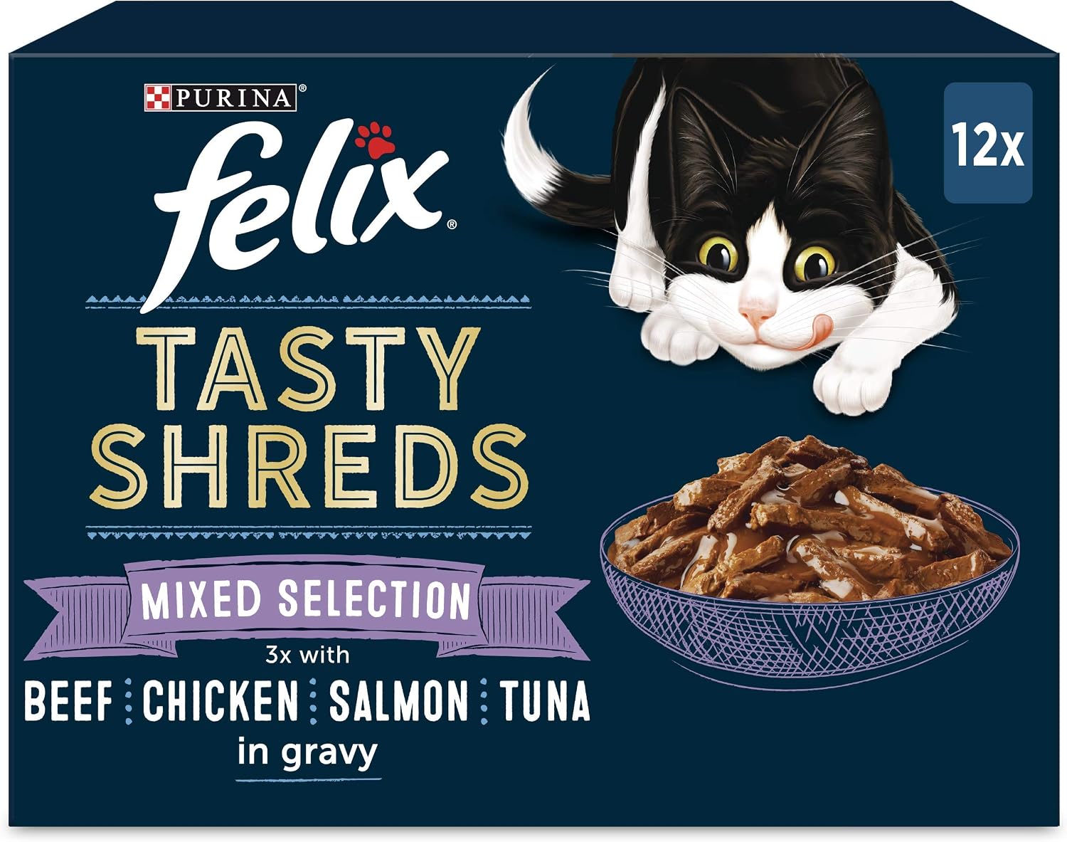 Felix Tasty Shreds Cat Food Mixed Selection in Gravy, 12 x 80 g, 80 g (Pack of 12)