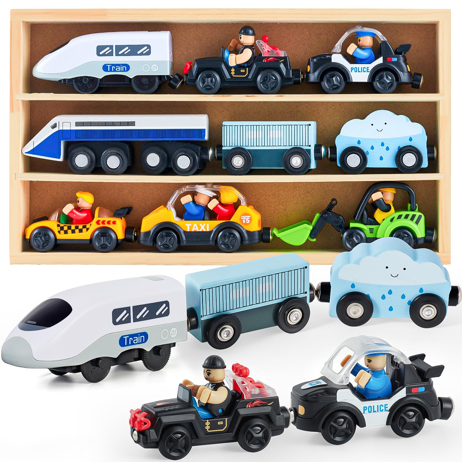 Photo 1 of Electric Train Set Toys Wooden Magnetic Cars - Locomotive Auto Forward/Park, Gift for 3 4 5 6 Year Old Toddlers Kids Boys Truck Trains Toy, Compatible with Common Wooden Train Tracks
