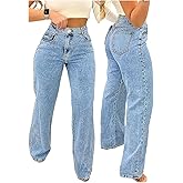 WDIRARA Women's High Waisted Rivet Jeans Streetwear Straight Leg Denim Pants