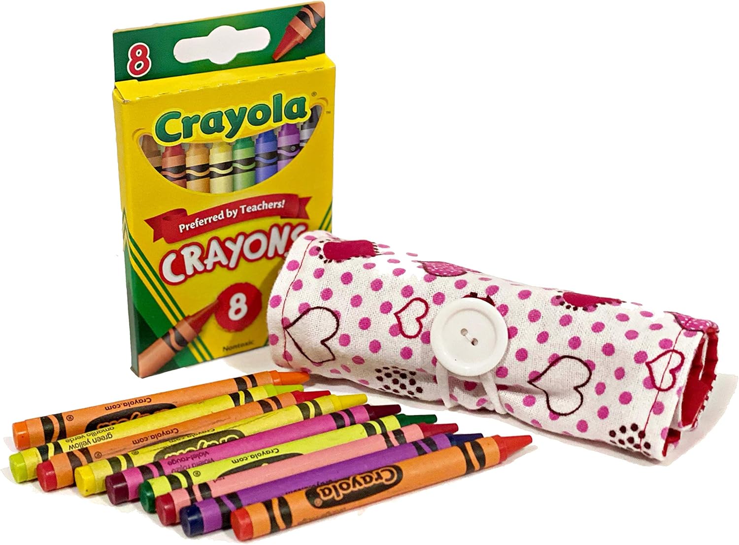 On The Go Crayons Caddy Holder wrap roll up case, Holds 9 to 18 Favorite Colors, Perfect to Keep Your Kids Organized, Inspired, & Entertained -8 Crayons Included! USA Handmade (Red Hearts, Small): Office Products