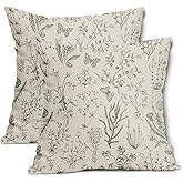 Spring Sage Green Floral Pillow Covers 18x18 Inch Vintage Wild Flower Herbs Plant Butterfly Decorative Pillow Cases Botanical Farmhouse Cushion Covers Home Decor For Sofa Couch Outdoor Set of 2