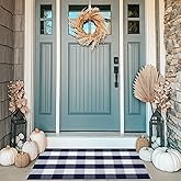 MUBIN Cotton Navy Blue and White Plaid Rug, 27.5"x 43" Checked Outdoor Rug Front Door Decorative Mat, Hand-Woven Reversible F