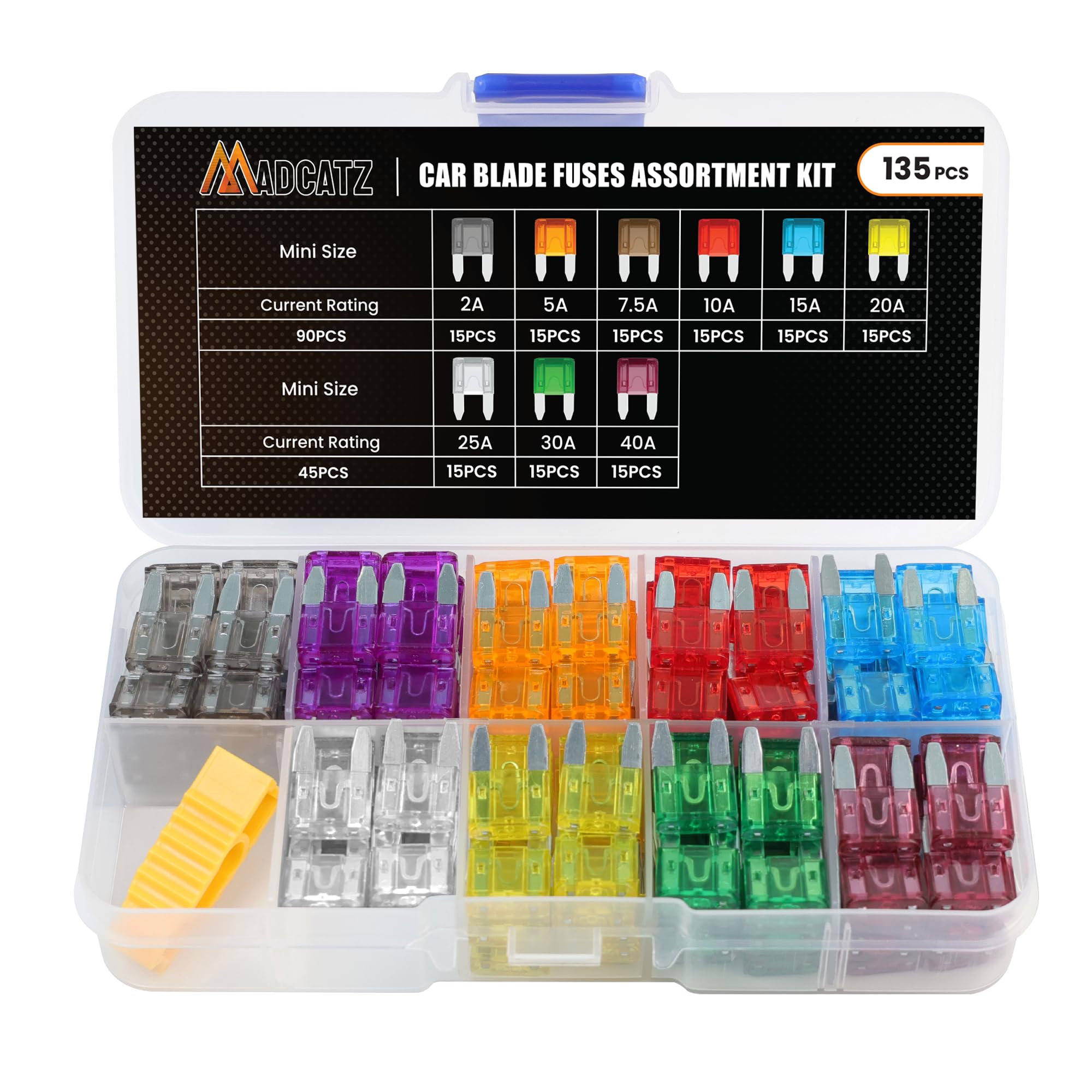 Photo 1 of 135 Pcs MADCATZ Mini Car Fuse, Blade Fuses Assortment kit (2A 5A 7.5A 10A 15A 20A 25A 30A 40A) Automotive Blade Fuse for RV, Truck, Marine, Auto Accessories