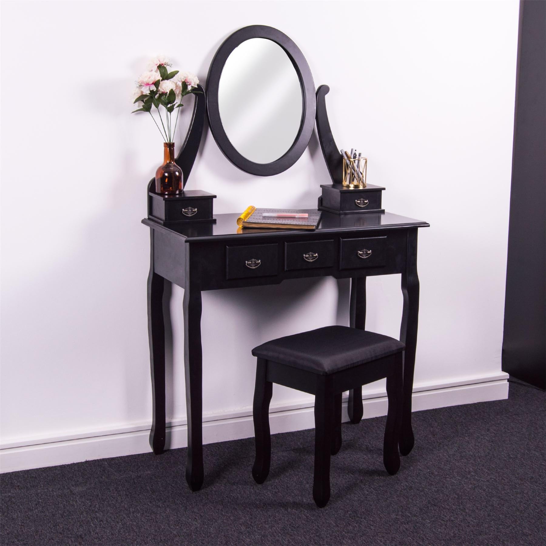 Vida Designs Nishano 5 Drawer Dressing Table With Adjustable Mirror And Stool Bedroom Makeup Dresser Desk Furniture, Black