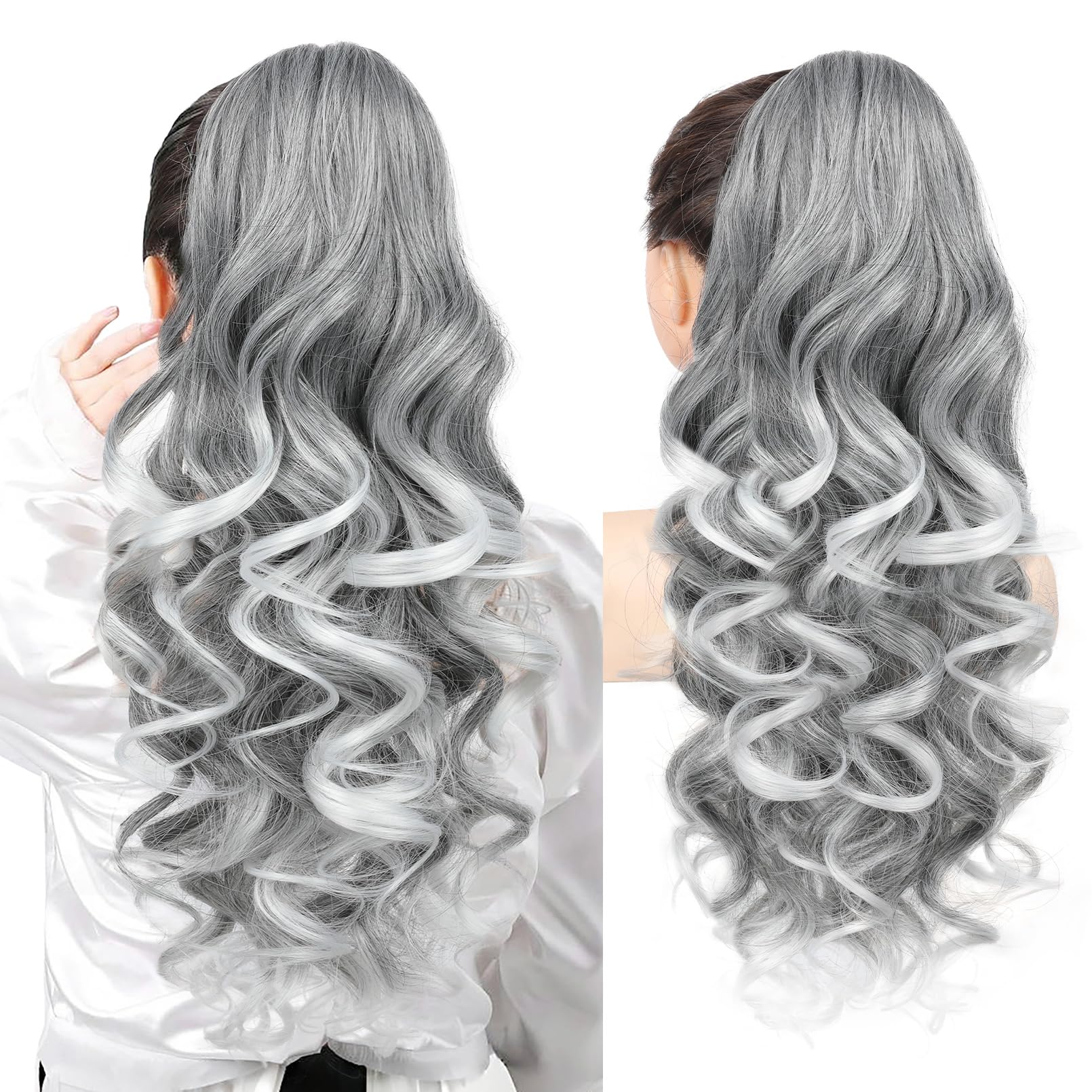 Photo 1 of REECHO Ponytail Extension, 24" Claw Clip in Long Curly Wavy Ponytail Hair Extension Jaw Clip on Pony Tails Hairpiece for Women - Grey with White Ends
