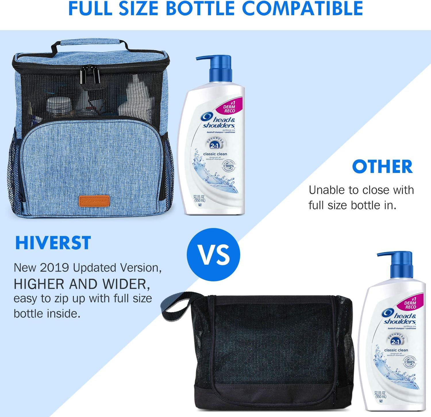 Hiverst Hanging Toiletry Bag, Shower Caddy Tote Bag (Updated Version, Full Size Bottle Compatible), Bath Organizer for College Dorms, Gym, Camp, Women Men, with Funny Luggage Tag: Home & Kitchen