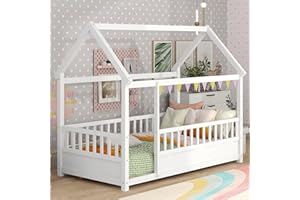 BELLEMAVE Montessori Floor Bed Twin Size, Twin Montessori Bed with Fence, Twin Size House Bed for Kids, Girls, Boys, Twin Floor Bed White, 80" L x 45" W x 66" H