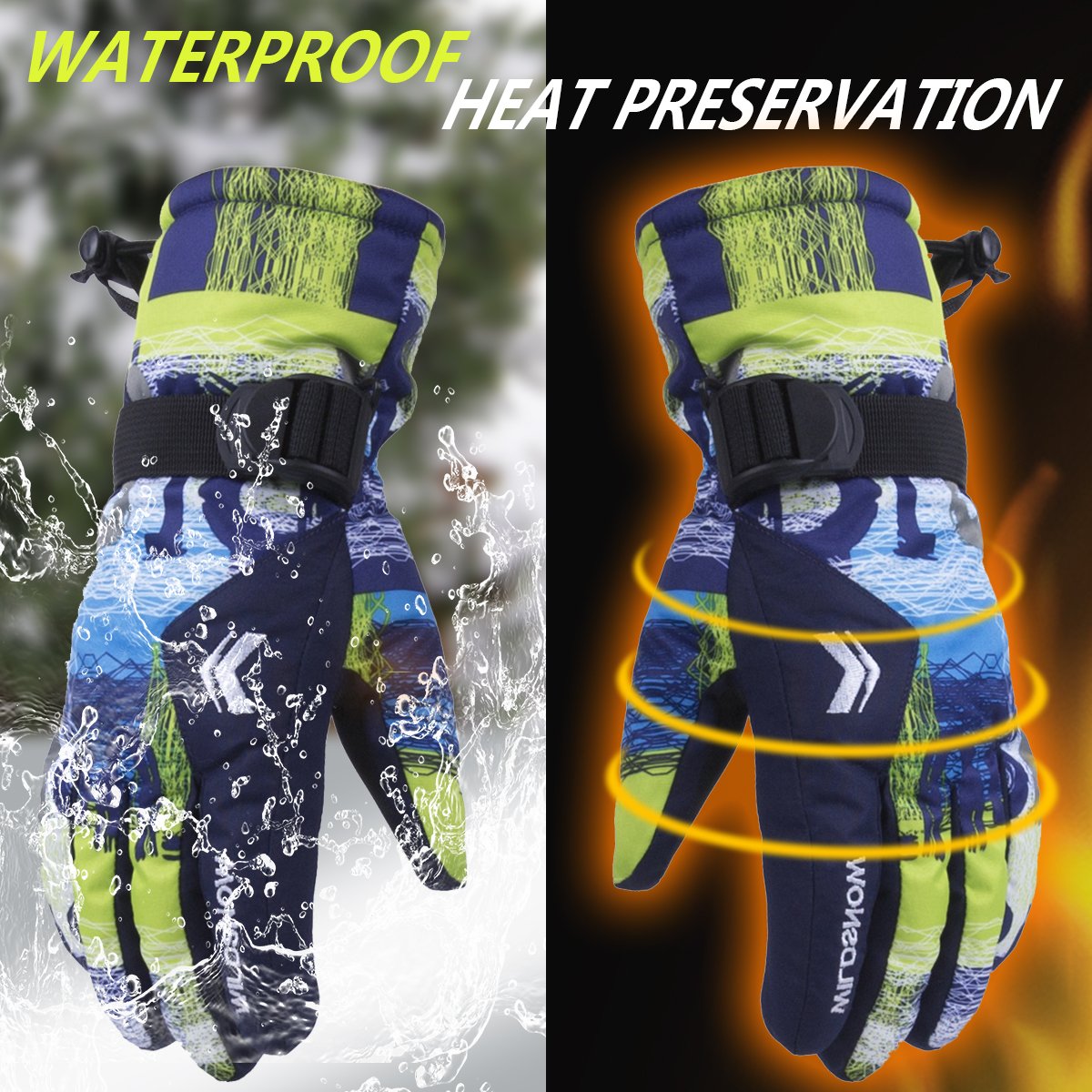 WILD SNOW Men\'s Winter Ski Gloves Colorful Winter Waterproof Windproof Gloves for Cycling Snowboarding and Working