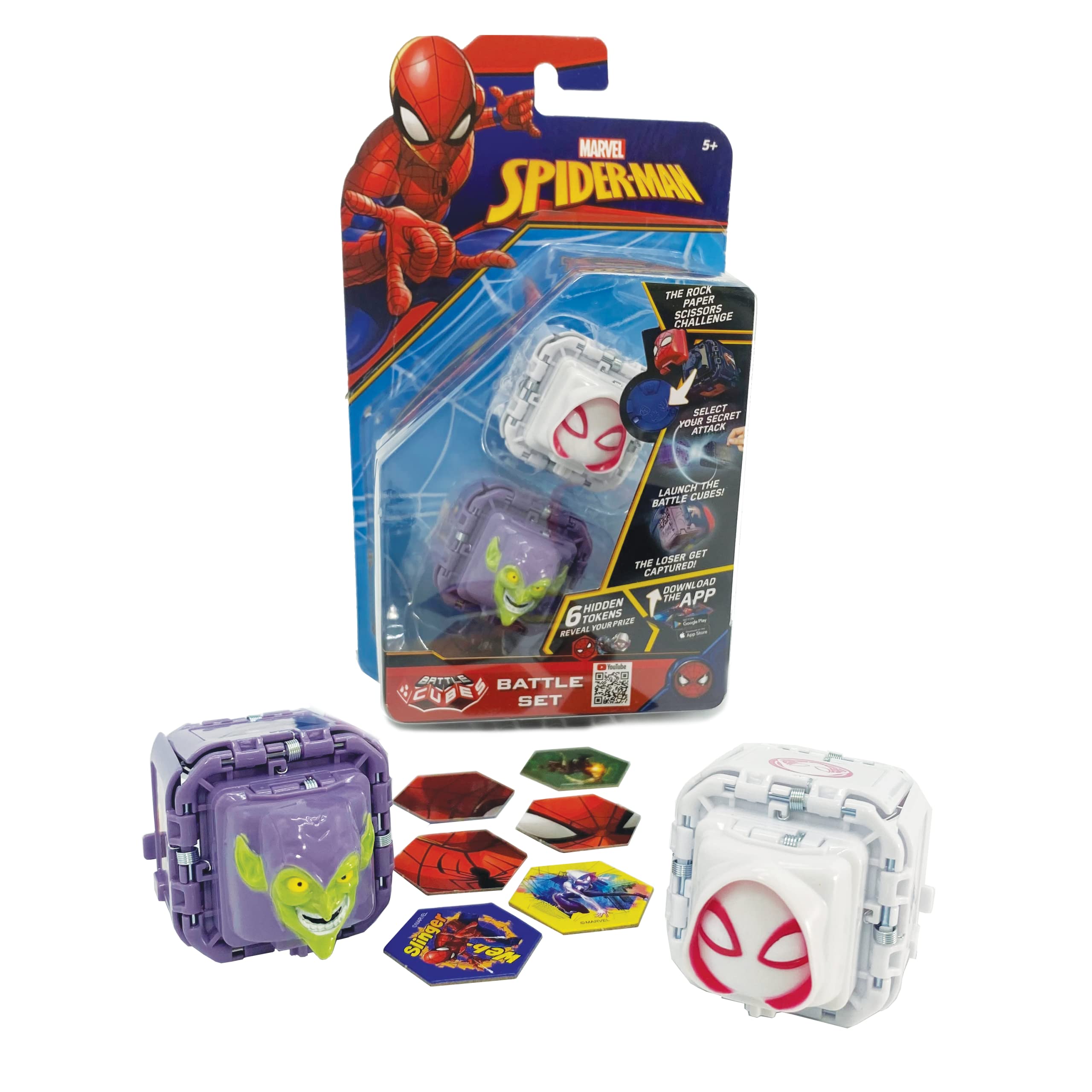 Battle Cubes 2 Pack Spiderman - Green Goblin and Spider-Gwen, rock paper, scissors game