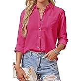 AXUIOKRY Cotton Button Down Shirts Women V Neck Long/Roll Up Sleeve Gauze Texture Casual Tops with Pocket