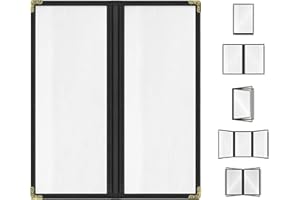 ACI SUPER POWER Goodsmart Restaurant Menu Covers - 25 Pack Black 2-Page/4-View 4.25" x 11", Top-Loading Vinyl Menu Holders with Clear Sleeves, Double-Stitched Edge, Leather-Style Café Covers with Gold Corners