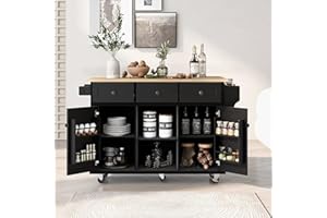 Merax Rolling Mobile Kitchen Island Cart Breakfast Bar with Wood Top, Door Internal Storage Racks, 3 Drawers and 5 Wheels for