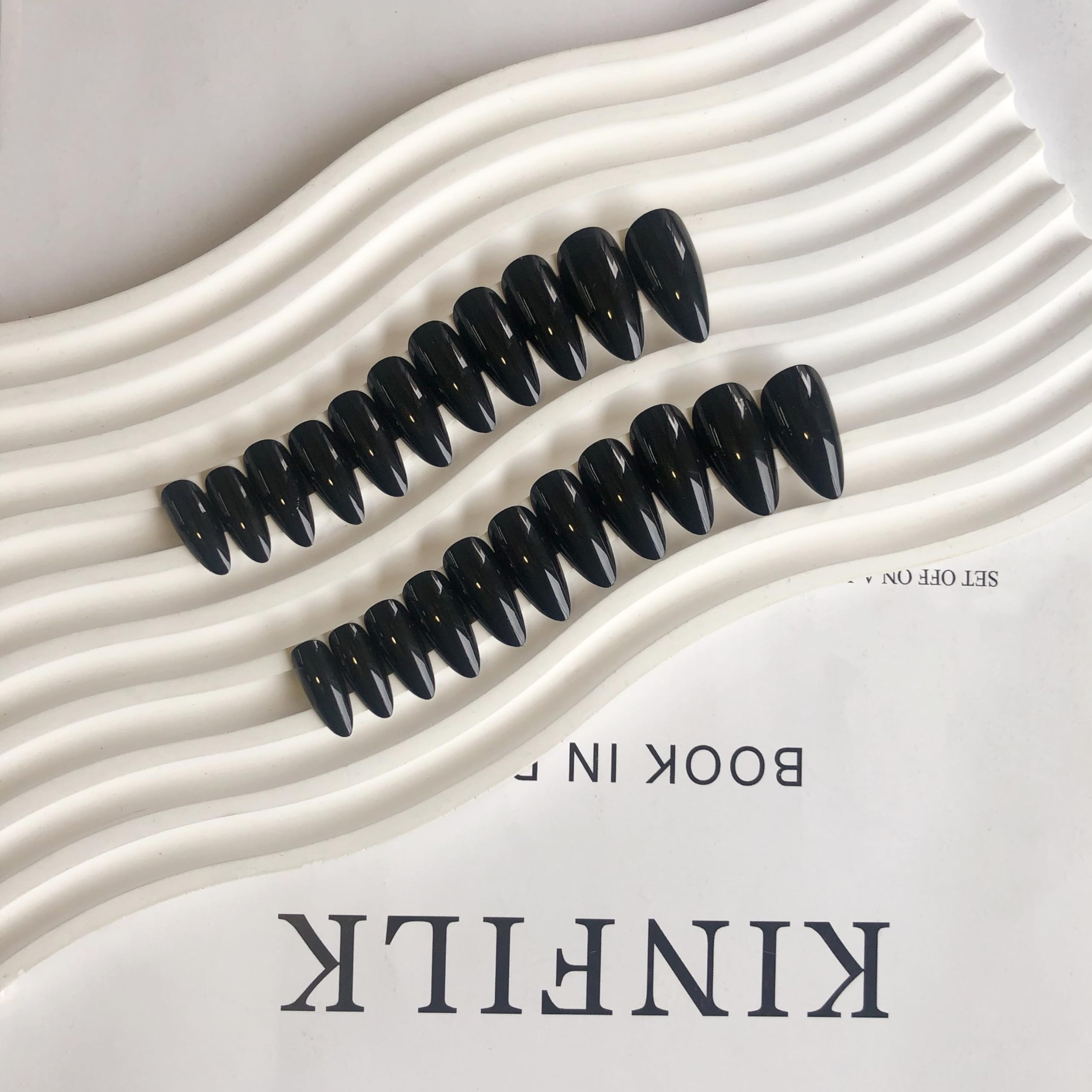 KQueenest All Black Press on Nails Medium Almond Stiletto, Pure Color Acrylic Nails Reusable Fake Nails Press on Feature Protective UV Coating, Short Almond Nails for Women Winter Manicure in 24 PCS - Image 4