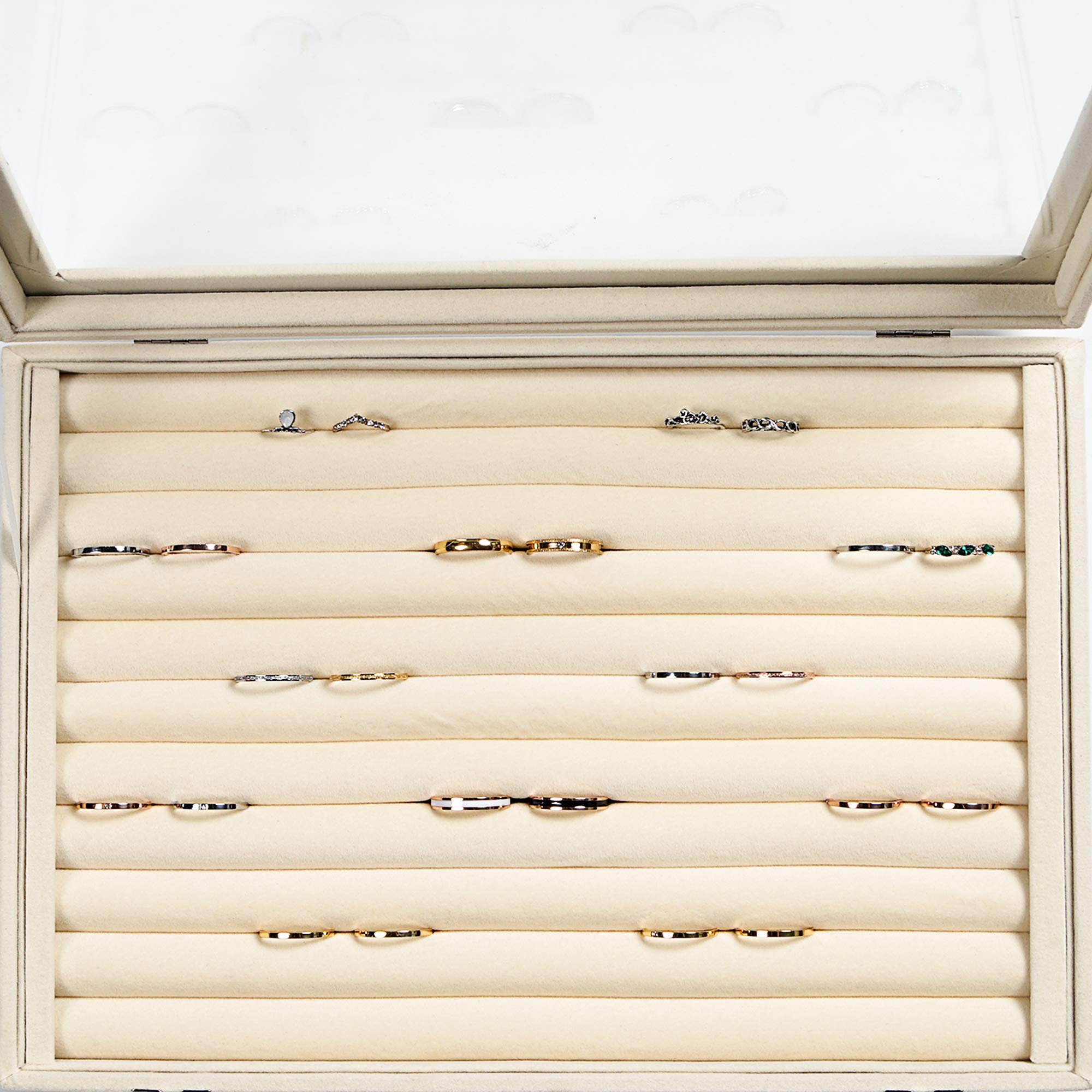 Frebeauty Frebeauty Rings/Earrings Organizer Tray with Clear Lid 10 Slots Velvet Drawer Insert Jewelry Storage box with Glass lid Jewelry Display Case Showcase Gift for Girls Women (Beige, 10 Slots)