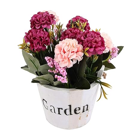 Flikool Hortensie Künstliche Blumen mit Holztopf Gefälschte Künstliche Pflanzen mit Topf Topfpflanzen Bonsai Hydrangea Kunstblumen Kunstpflanzen - Rose Blumen mit Rundes Weiß Pot