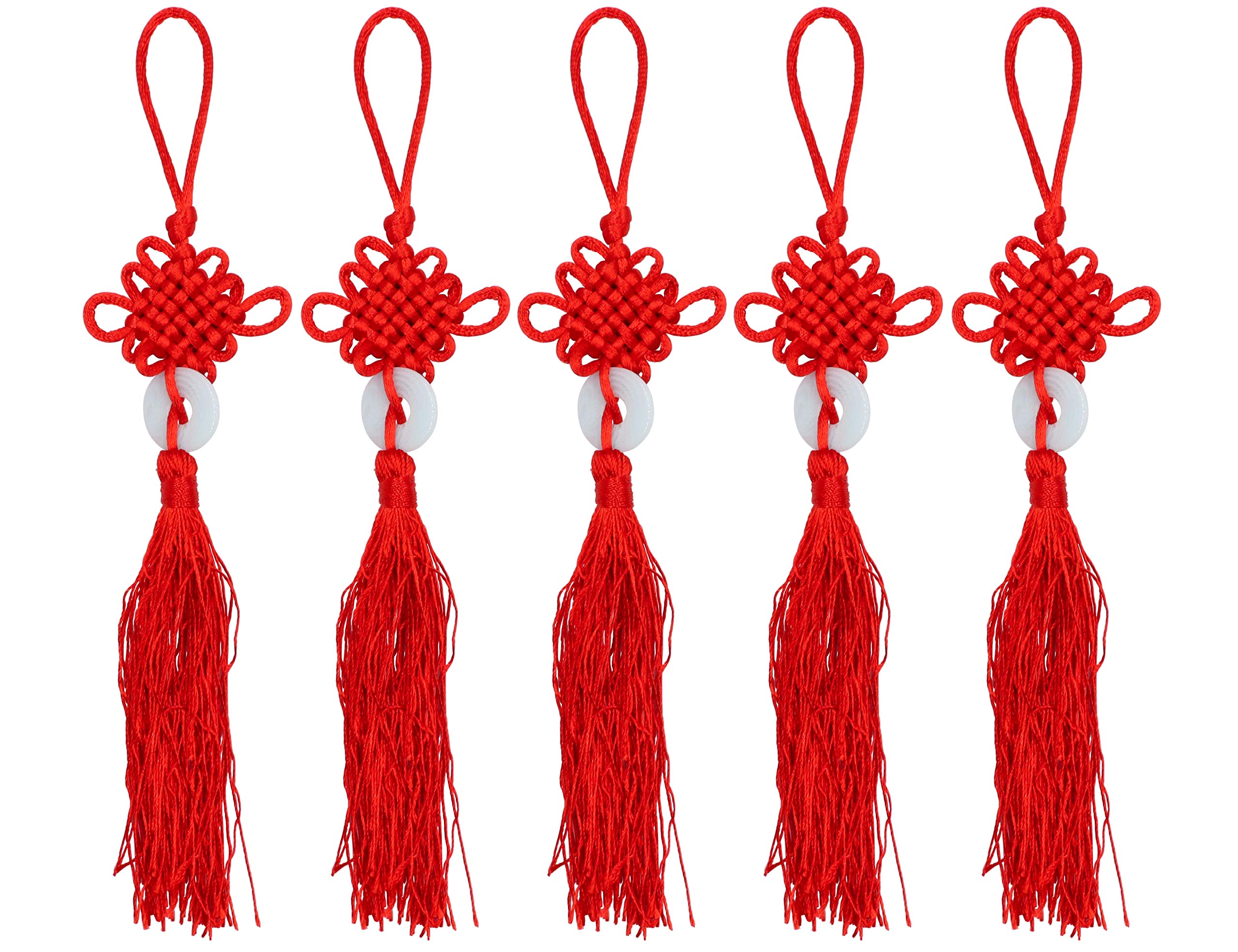 LBY Chinese Tassel Chinese Knot, Red Handmade Oriental Imitation Jade Peace Buckle Tassel, Lucky Knots to Attract Wealth Good Fortune and Health, for Door and Car Handing Decoration, 5pcs