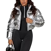 Flygo Women's Metallic Shiny Cropped Quilted Puffer Jacket - Zip Up Padded Down Coat Outerwear
