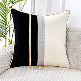 PANOD Patchwork Black Silk-Like Velvet Throw Pillow Cover with Gold Striped Leather Cushion Case Modern Luxury Square Pillowcase for Sofa Couch Bedroom Living Room Home,24x24 inch