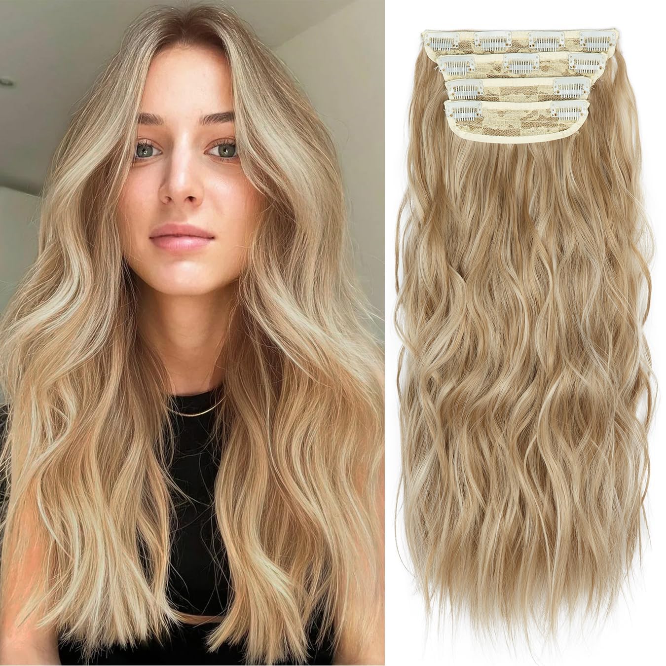 Photo 1 of 20 Inches Blonde Hair Extensions Clip ins, 4Pcs Curly Synthetic Clip in Hair Extensions (Color: Dark Blonde with Bleach Blonde Highlights)